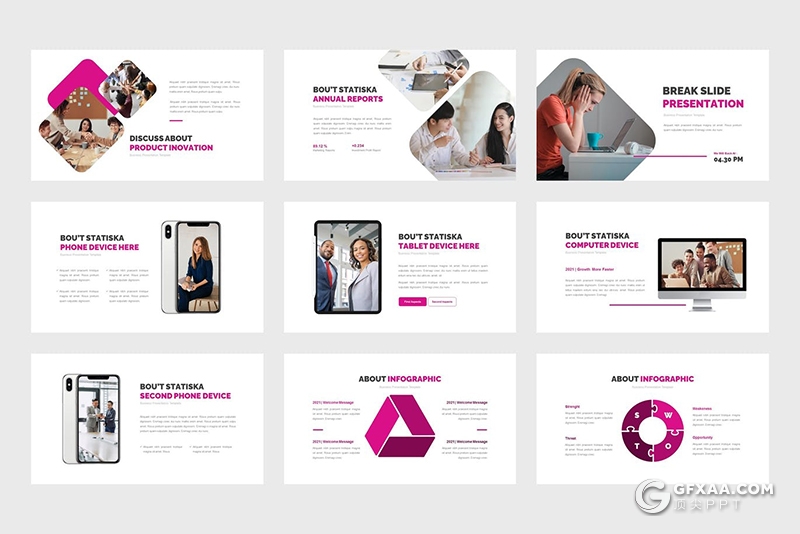 30页创意圆角矩形版式设计粉红色商务主题PPT模板 - 顶尖PPT