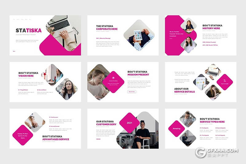 30页创意圆角矩形版式设计粉红色商务主题PPT模板 - 顶尖PPT