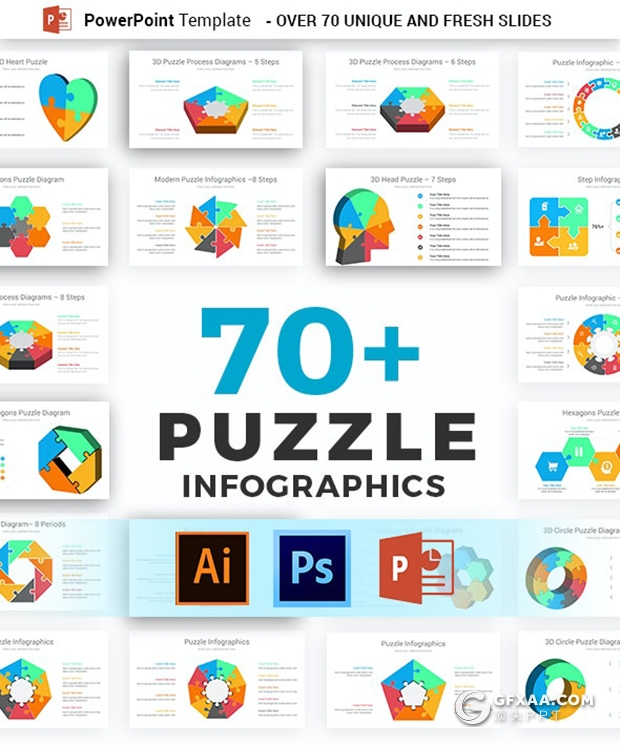 70页3D多边形圆形积木拼图图形PPT模板 - 顶尖PPT