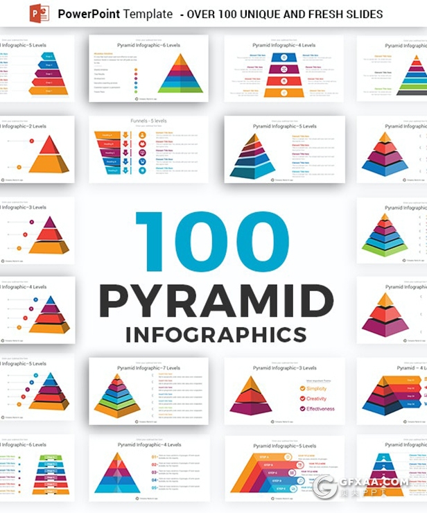 100页彩色创意金字塔锥形3d金字塔PPT图形素材模板 - 顶尖PPT