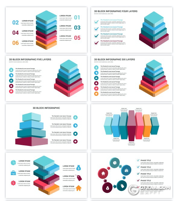 50页彩色3D立体商务数据图形ppt模板 - 顶尖PPT