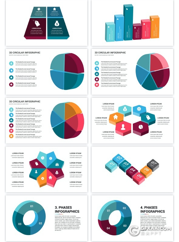 50页彩色3D立体商务数据图形ppt模板 - 顶尖PPT