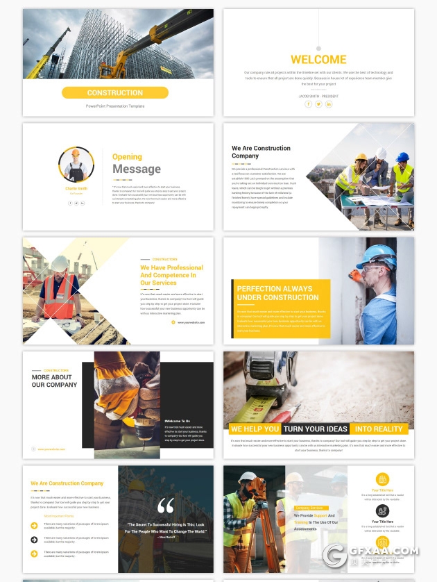 50页橙色扁平化建筑工程施工建筑项目展示PPT模板 - 顶尖PPT