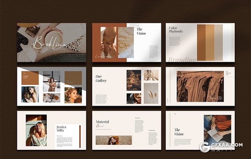 32页棕色欧式简约风格摄影美图展示PPT模板 - 顶尖PPT