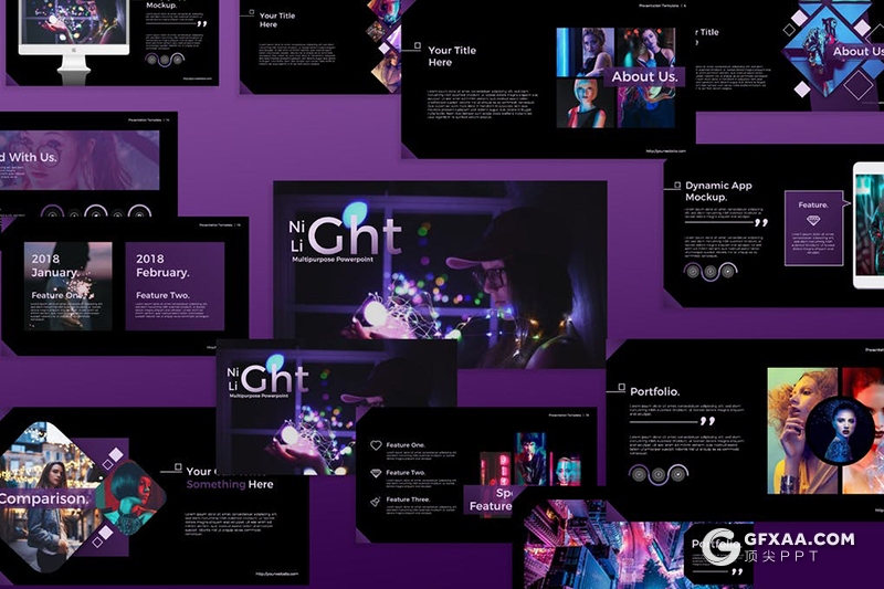 58页潮流时尚夜光模特摄影主题PPT模板 - 顶尖PPT