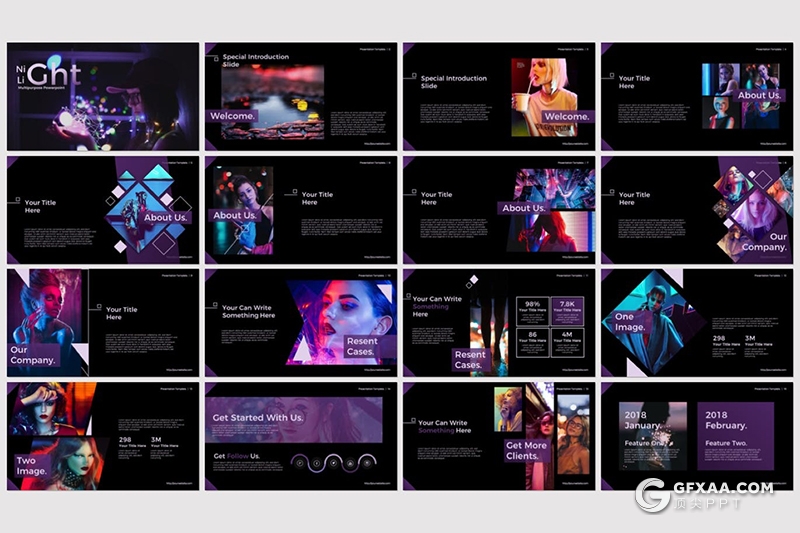 58页潮流时尚夜光模特摄影主题keynote模板 - 顶尖PPT
