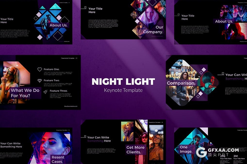 58页潮流时尚夜光模特摄影主题keynote模板 - 顶尖PPT