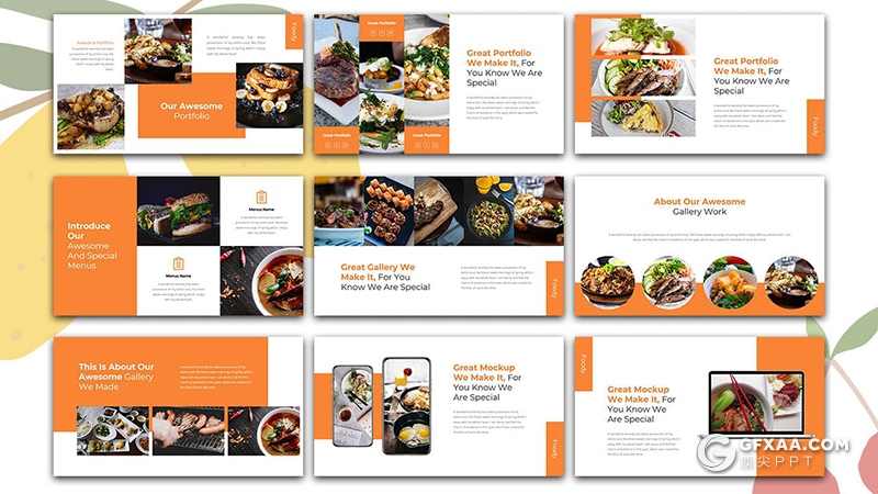 36页国外橙色餐饮美食行业数据分析展示Google slides模板 - 顶尖PPT