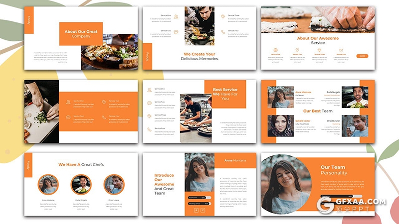 36页国外橙色餐饮美食行业数据分析展示Google slides模板 - 顶尖PPT
