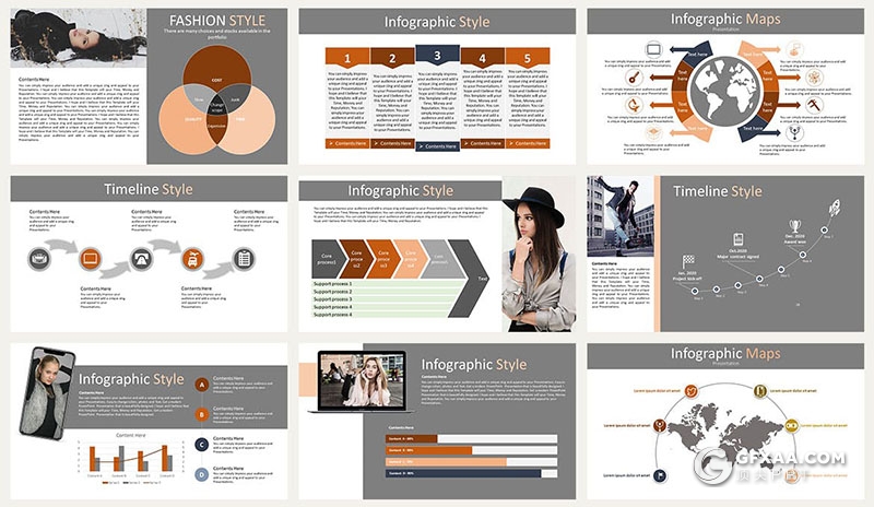 47页扁平化简约时尚服装秀美女图片展示PPT模板 - 顶尖PPT