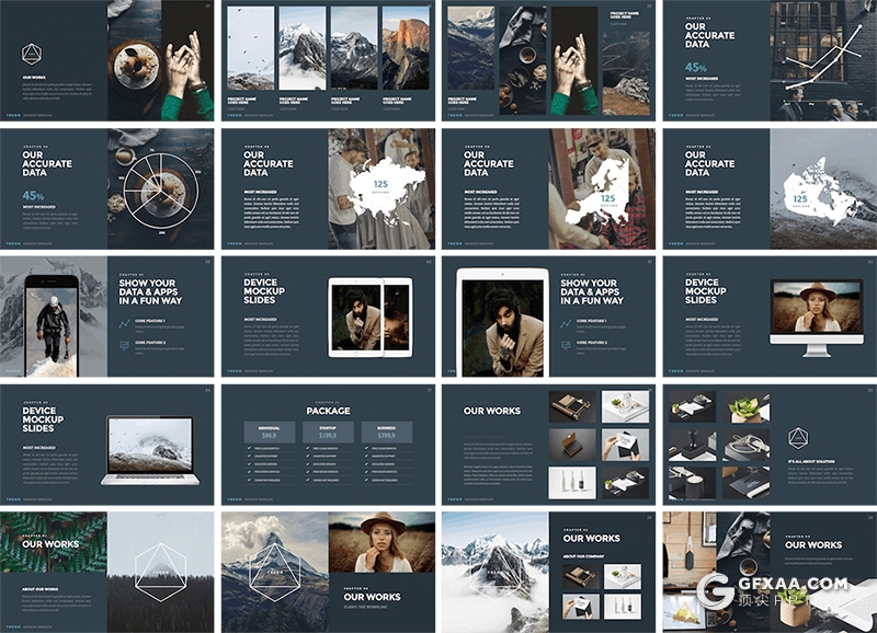 72页国外简约小清新风格团队简介作品展示PPT+Keynote模板 - 顶尖PPT