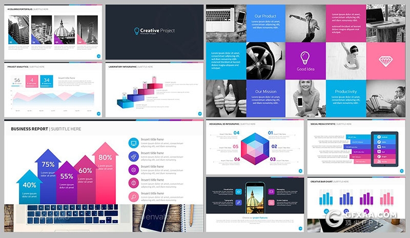 79页彩色创意商务信息图形工作计划总结PPT模板10种配色 - 顶尖PPT