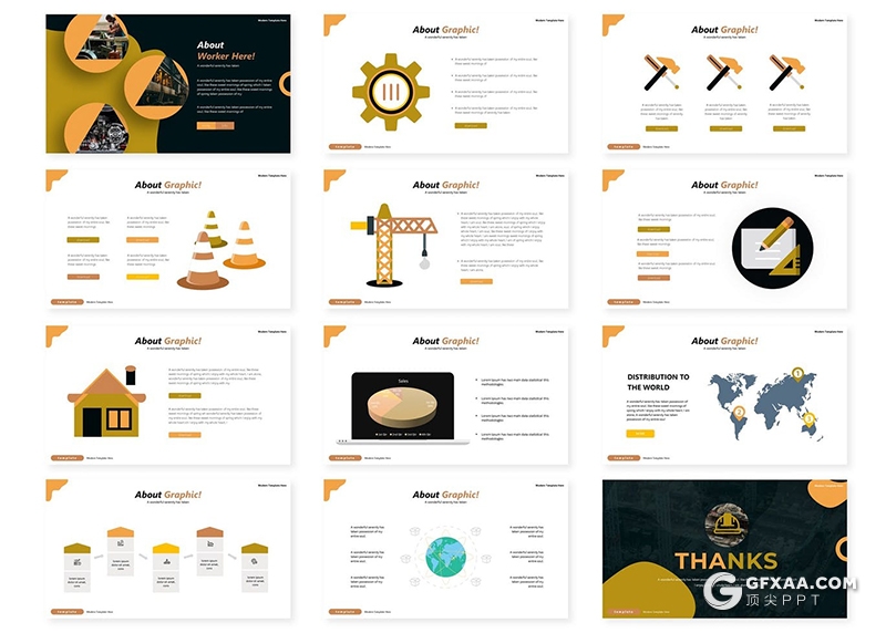 30页卡通图形建筑工程行业分析Google slides模板 - 顶尖PPT