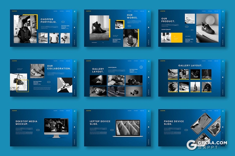 39页蓝色品牌服装鞋子产品展示PPT模板 - 顶尖PPT