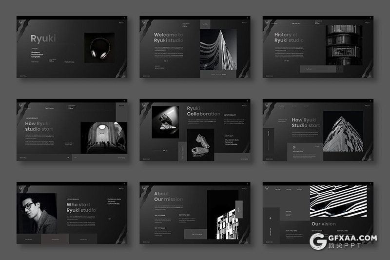 39页纯黑色产品建筑展示时尚流行风格PPT模板 - 顶尖PPT