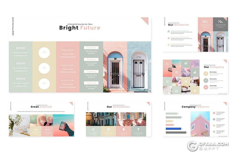 30页时尚简约小清新文艺风格Google slides模板5种配色 - 顶尖PPT