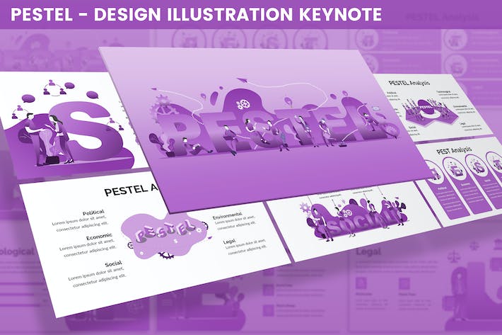 紫色PESTEL设计分析主题Keynote插画图表 - 顶尖PPT