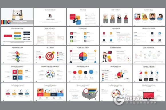 100页商务扁平化彩色图形图表keynote模板 - 顶尖PPT
