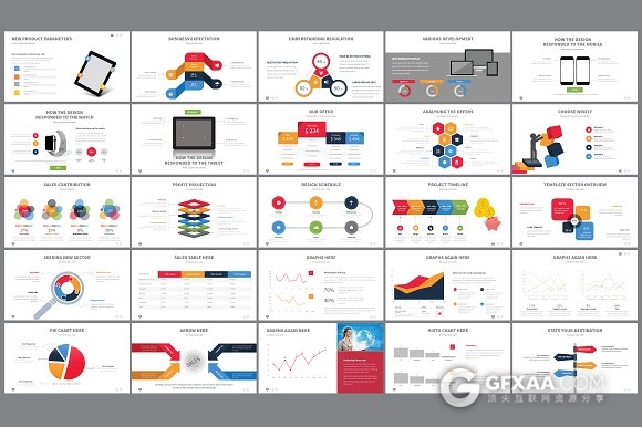 100页商务扁平化彩色图形图表keynote模板 - 顶尖PPT