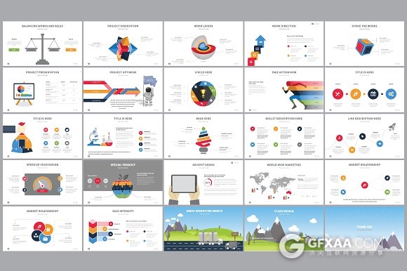 100页商务扁平化彩色图形图表keynote模板 - 顶尖PPT