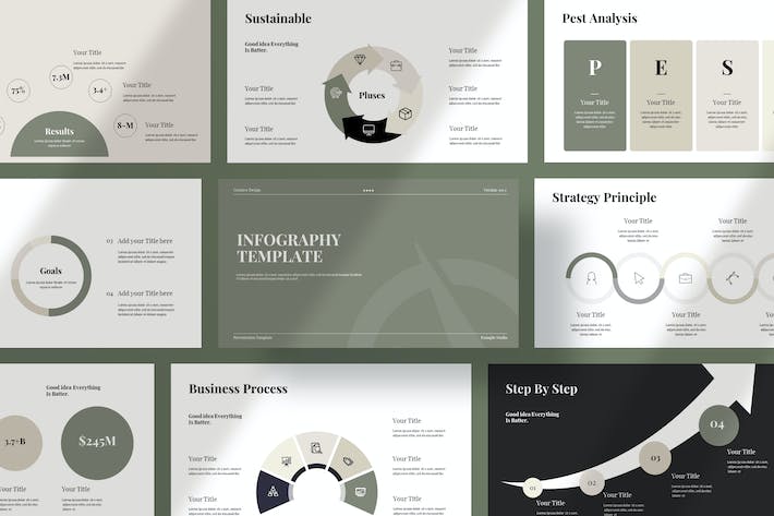 极简墨绿配色要点信息展示步骤图PPT模板 - 顶尖PPT