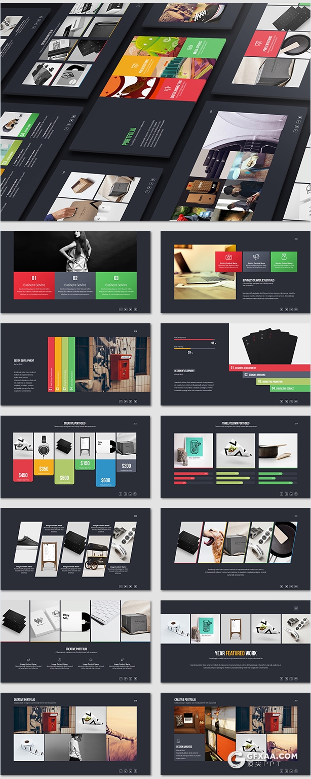 318页国外精美配色商务通用PPT模板彩色图形创意版式多用途PPT模板 8种主题配色2种底色 - 顶尖PPT