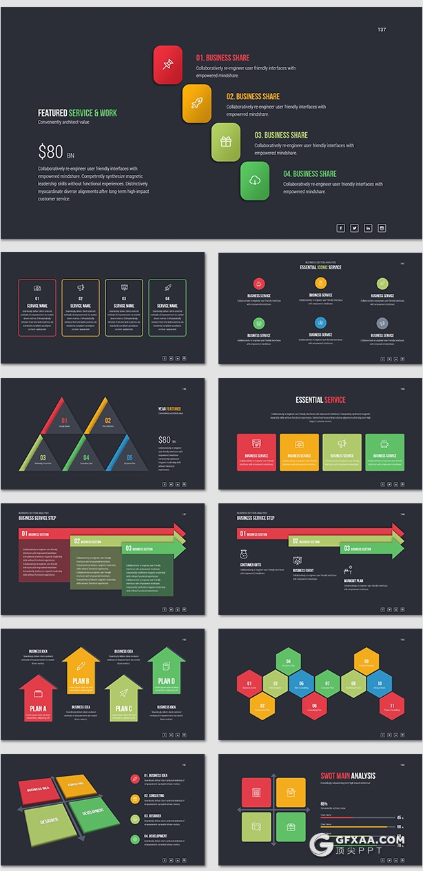 318页国外精美配色商务通用PPT模板彩色图形创意版式多用途PPT模板 8种主题配色2种底色 - 顶尖PPT