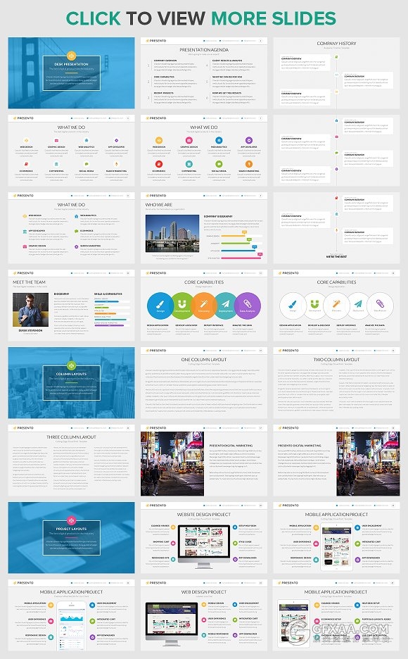 65页扁平化商务多色图形图表PPT模板 - 顶尖PPT