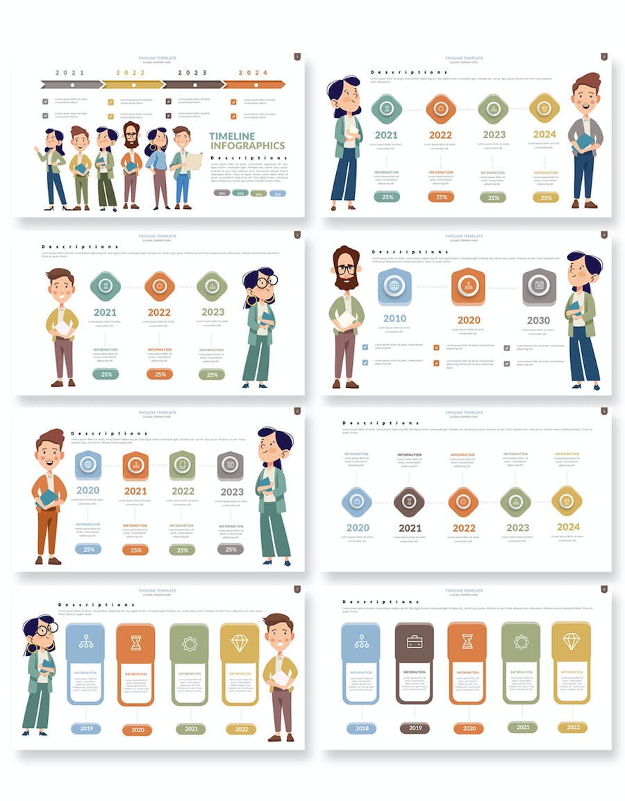 卡通人物讲解时间轴插画PPT模板 - 顶尖PPT