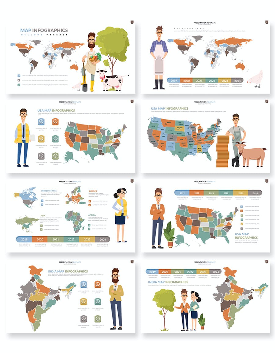 人物插画世界国家地图可编辑PPT模板 - 顶尖PPT