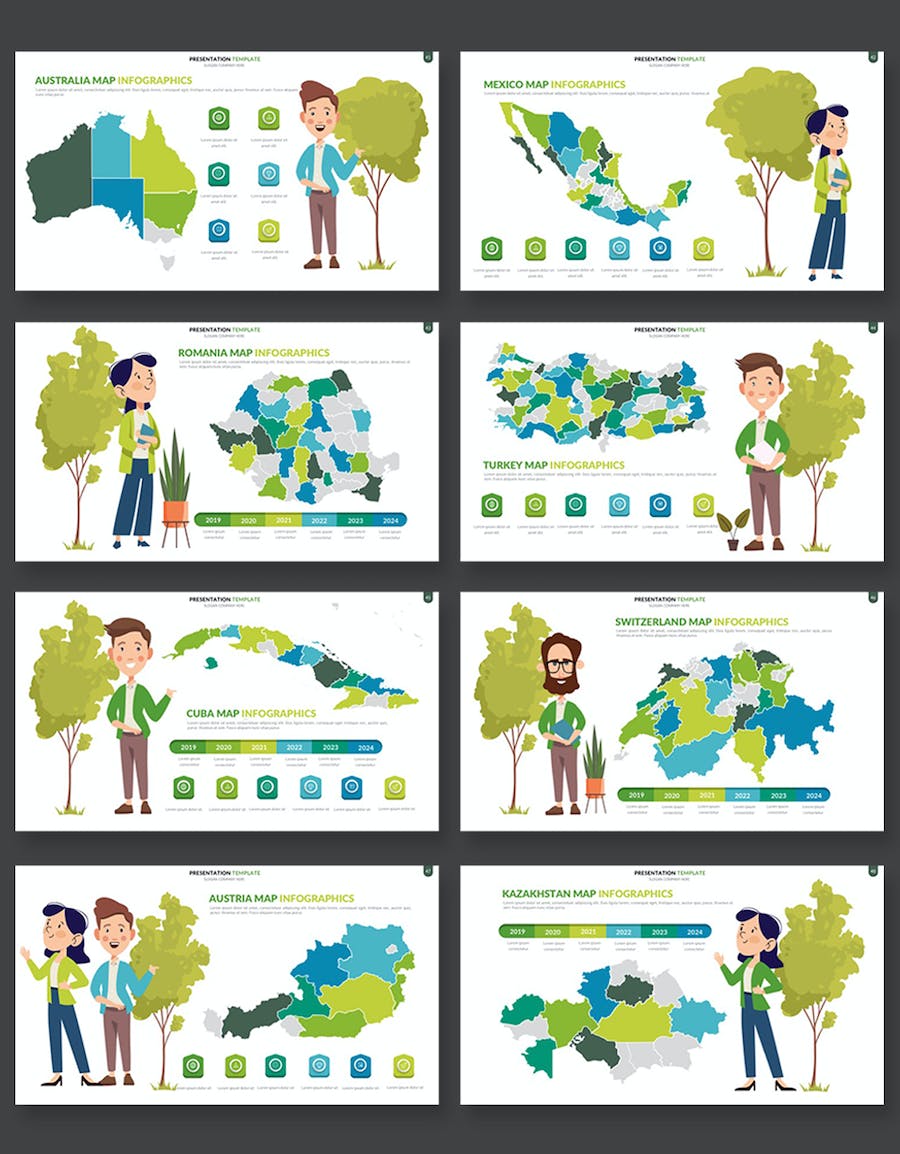 卡通人物插画世界国家地图keynote模板 - 顶尖PPT