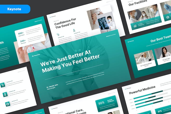 蓝绿色医疗药房健康宣传Keynote模板 - 顶尖PPT