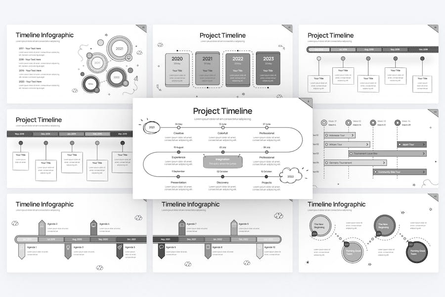 黑白涂鸦风格时间轴时间表keynote图形模板 - 顶尖PPT