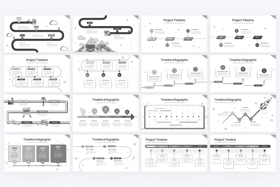 黑白涂鸦风格时间轴时间表keynote图形模板 - 顶尖PPT