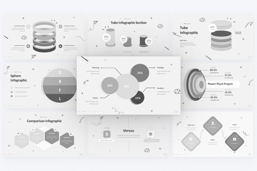 涂鸦风格圆形圆柱图形PPT模板 - 顶尖PPT