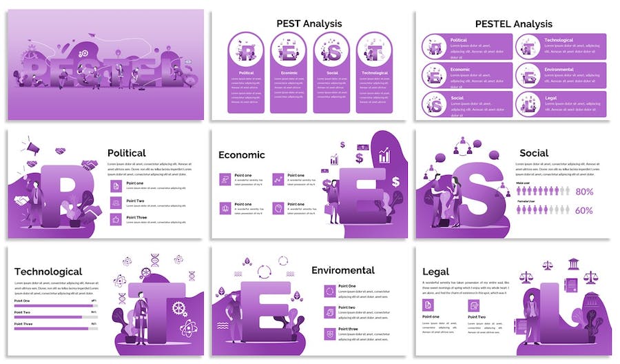 紫色PESTEL设计分析主题Keynote插画图表 - 顶尖PPT