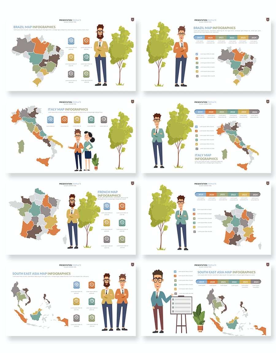 人物插画世界国家地图可编辑PPT模板 - 顶尖PPT