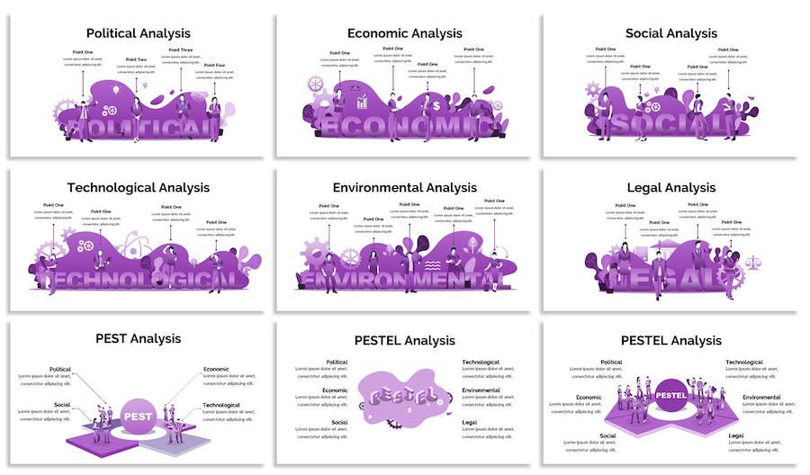 紫色PESTEL设计分析主题Keynote插画图表 - 顶尖PPT