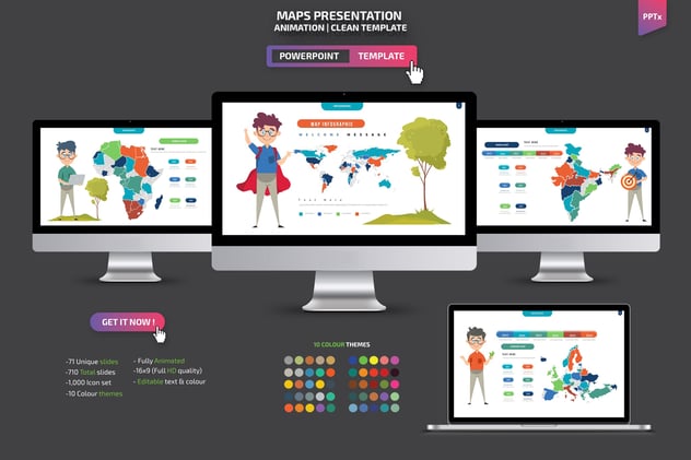 彩色插画世界各国地图Powerpoint模板 - 顶尖PPT