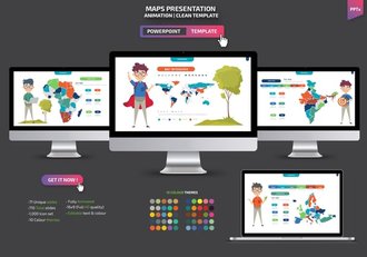 彩色插画世界各国地图Powerpoint模板 - 顶尖PPT