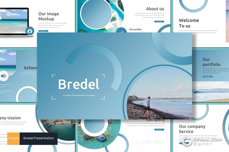 30页创意圆形碧水蓝天海洋生态环境Google slides模板5种配色 - 顶尖PPT