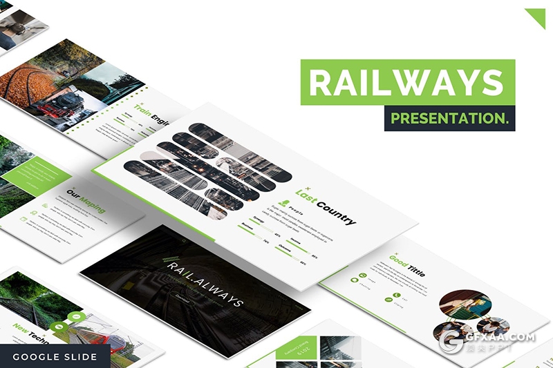 30页铁路展示铁路建设铁路公司年终总结计划Google slides模板5种配色 - 顶尖PPT