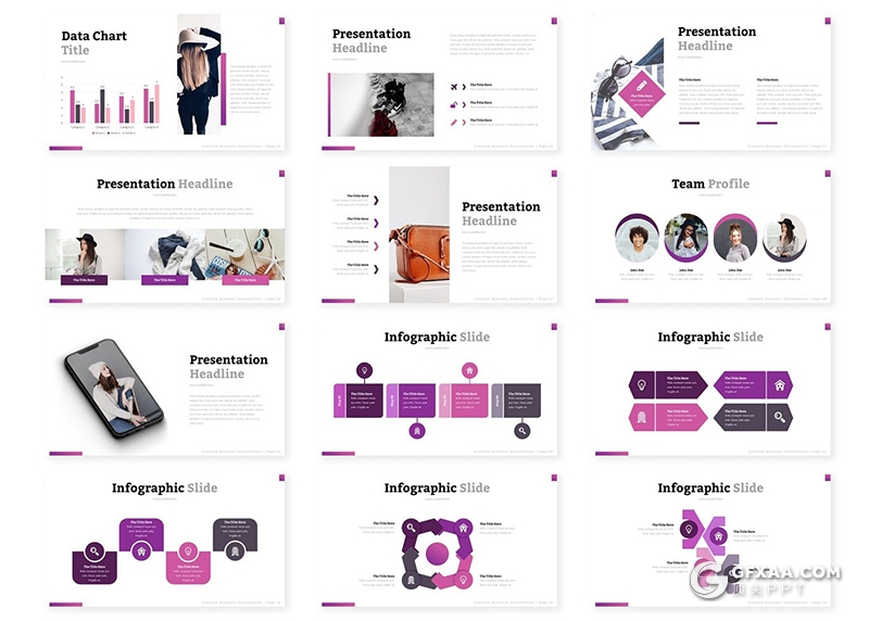 30页紫色渐变时尚流行服装展示Google slides模板5种配色 - 顶尖PPT