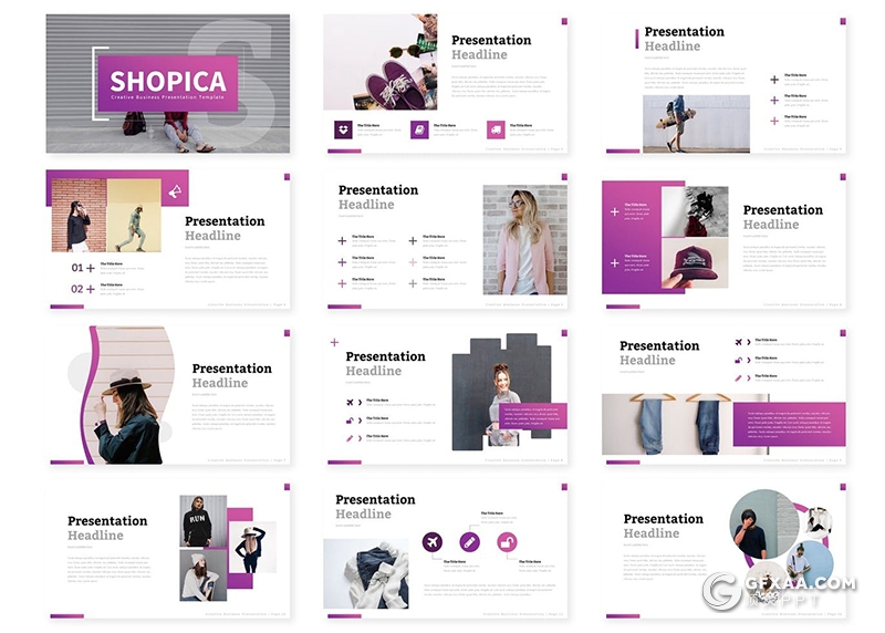 30页紫色渐变时尚流行服装展示Google slides模板5种配色 - 顶尖PPT