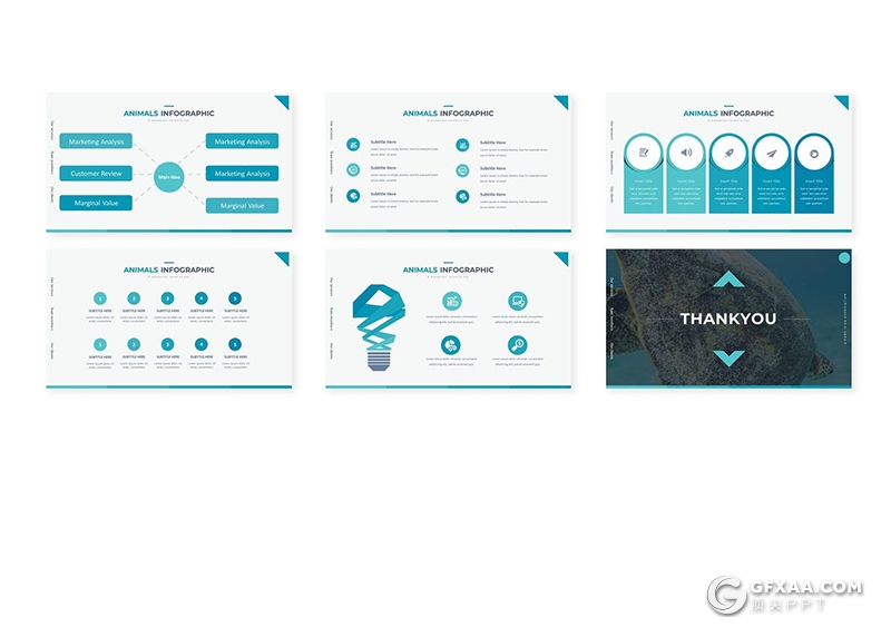 30页扁平化海洋动物海洋生物介绍PPT模板5种配色 - 顶尖PPT