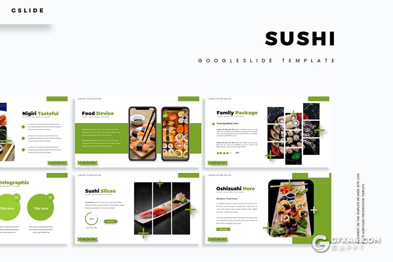 30页5种主题配色日本料理刺身三文鱼Google slides模板 - 顶尖PPT