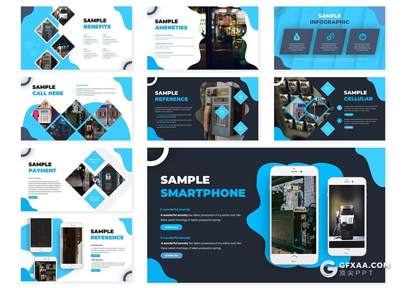 30页国外商务风格数据分析统计公共电话PPT模板5种配色 - 顶尖PPT