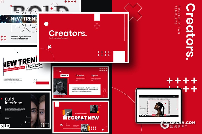 30页红色潮流杂志设计风格Google slides模板 - 顶尖PPT