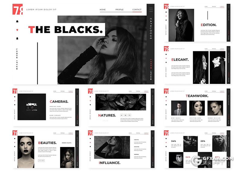 30页商务数据分析时尚模特写真服Google slides模板5种配色 - 顶尖PPT