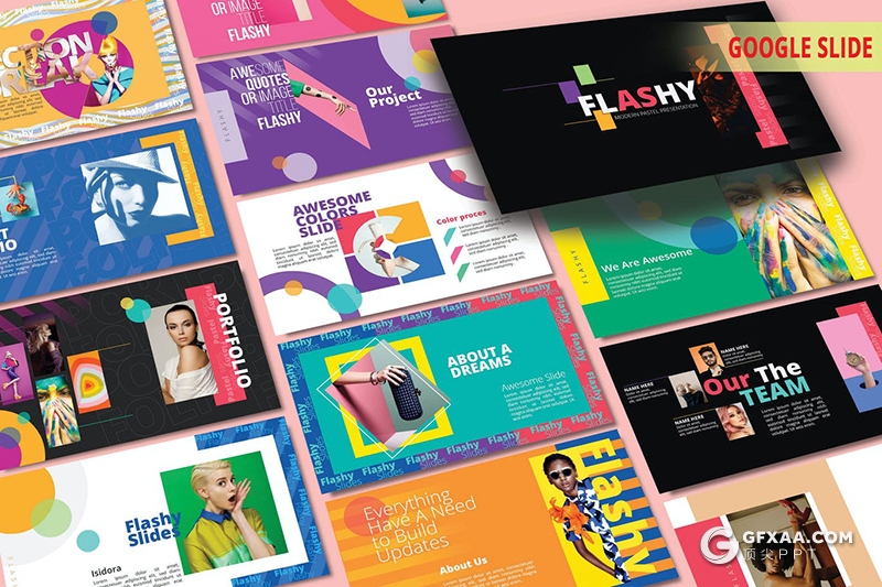 39页彩色几何图形潮流杂志风格Google slides模板 - 顶尖PPT
